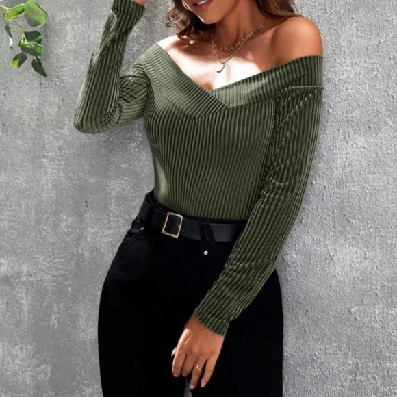 Army Green Off Shoulder Ribbed Fitted Sexy Top - Picture 13 of 15